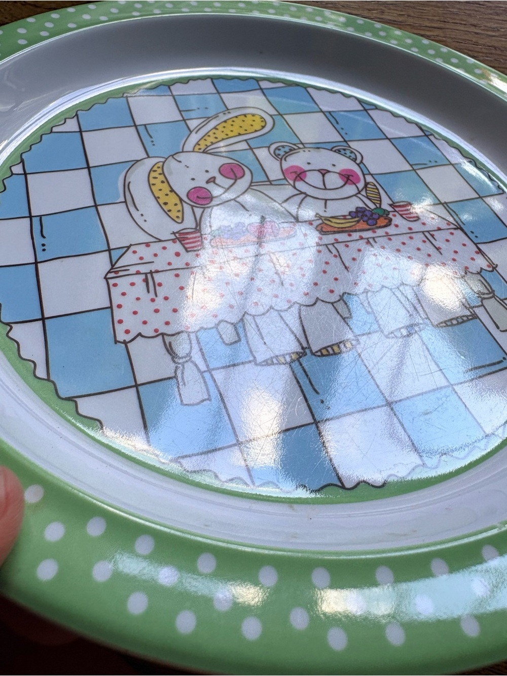 Vera Bradley Green Polka & Check Melamine Bowl and Plate Set - Cute Bunny Design - Picture 6 of 9